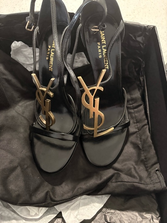 Yves Saint Laurent Shoes - Yves Saint Laurent Black Leather T-Strap Heels with Gold YSL Logo